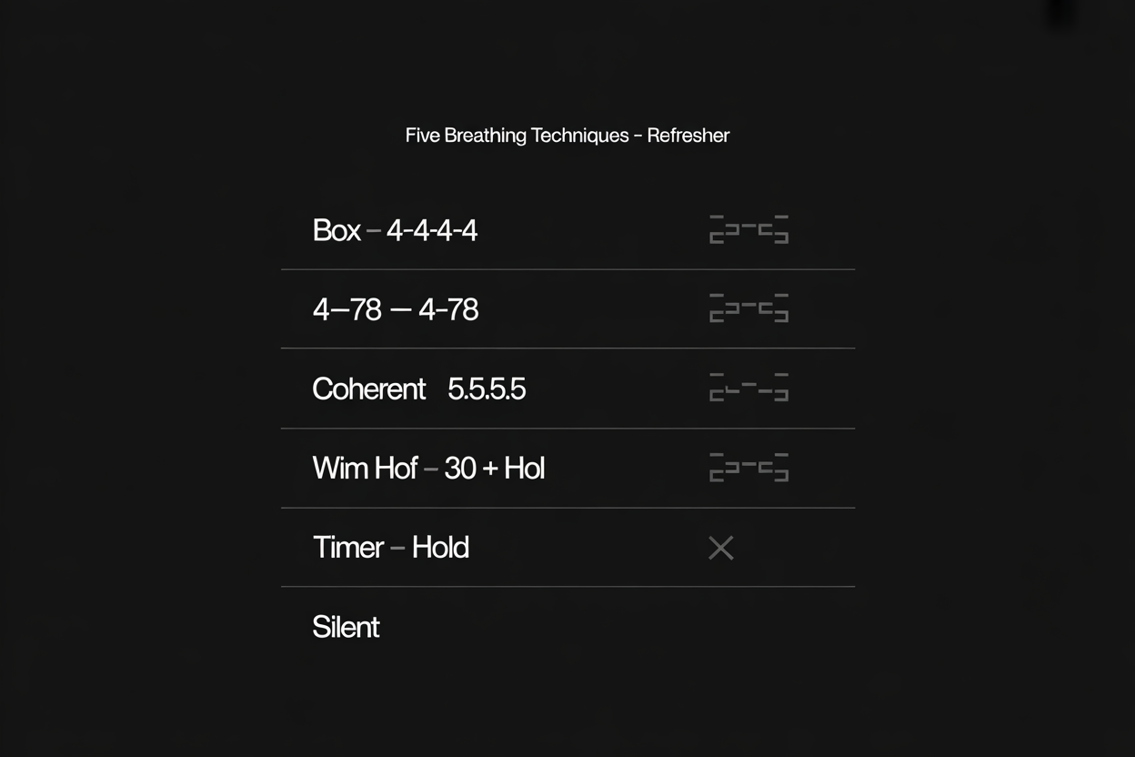 Comparison of five breathing techniques: Box, 4-7-8, Coherent, Wim Hof, Timer